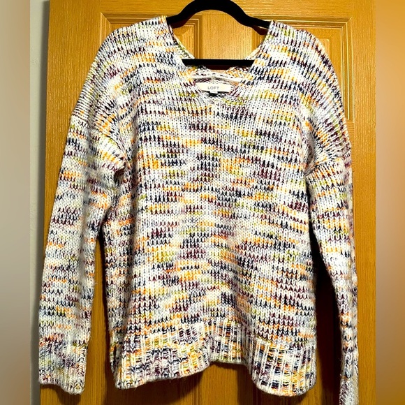 LOFT White V-neck Long Sleeve Sweater With Colorful Detail - Picture 1 of 8